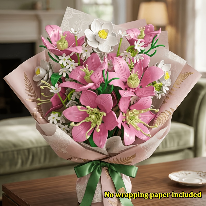Pink Lily and Daffodil Building Block Bouquet Set, Home Decor